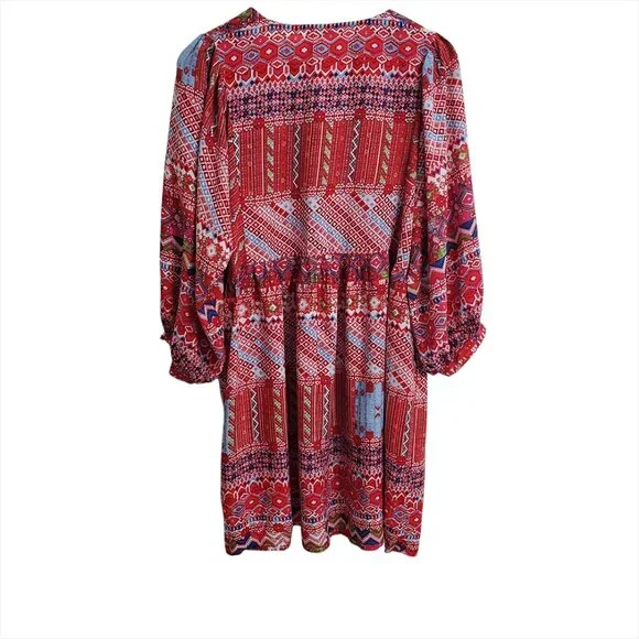 UMGEE Women Mini Dress L Red Tribal Boho 3/4 Sleeve Tassels Cotton Blend… - Picture 2 of 11